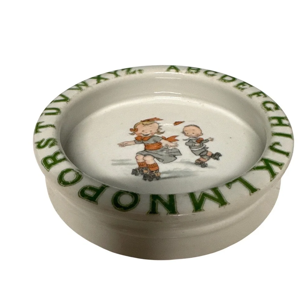 Vintage Ceramic Child Alphabet Bowl Roller Skating Children Nursery Dish‎ Green